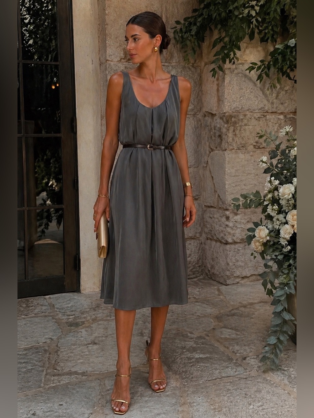 [m] EILEEN FISHER Silk Dress grey pleated summer office tank ruched